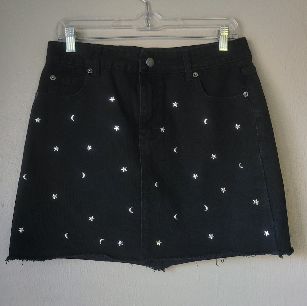 Adam Levine Star and Moon Faded Black Denim Skirt